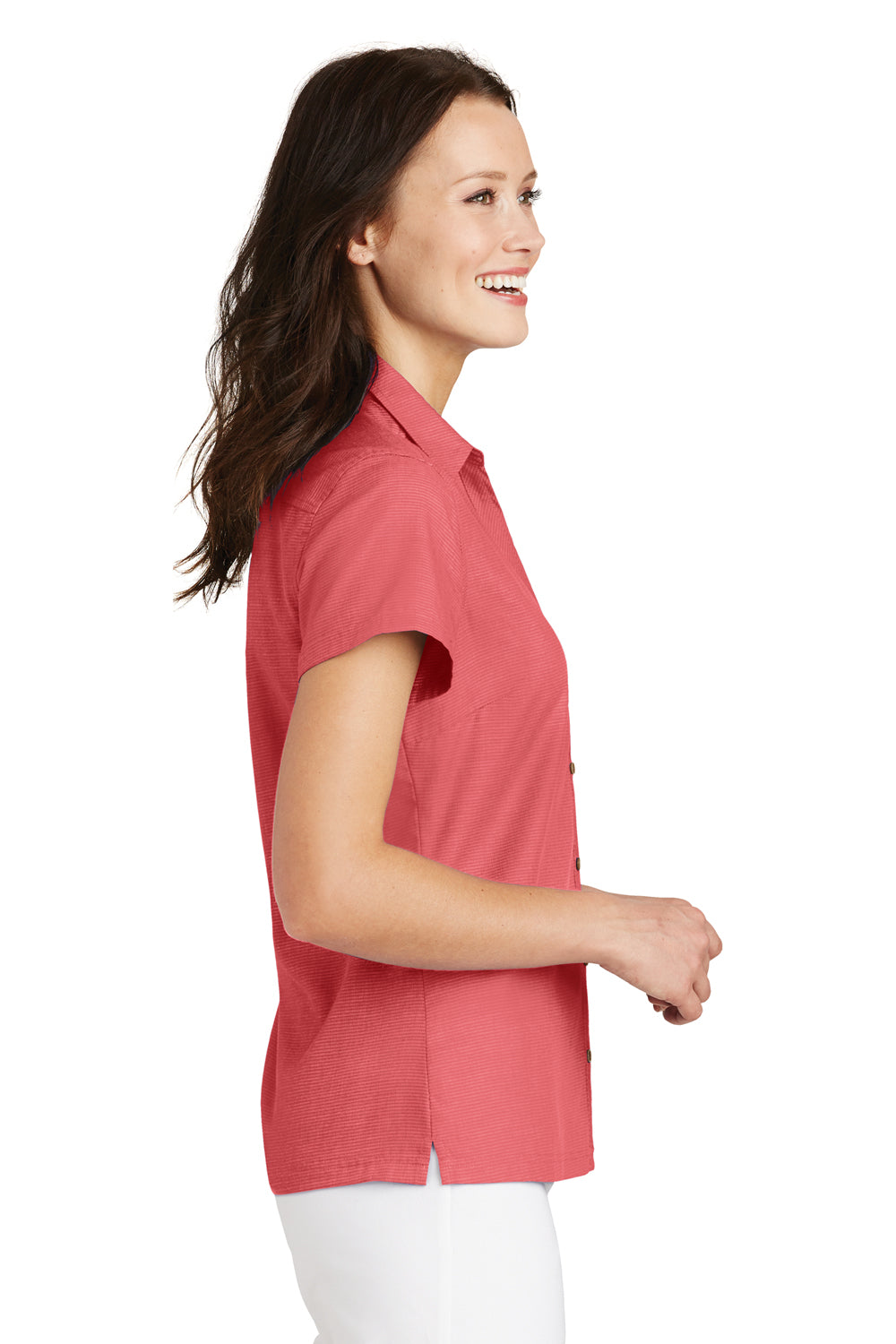 Port Authority L662 Womens Wrinkle Resistant Short Sleeve Button Down Camp Shirt Coral Pink Side