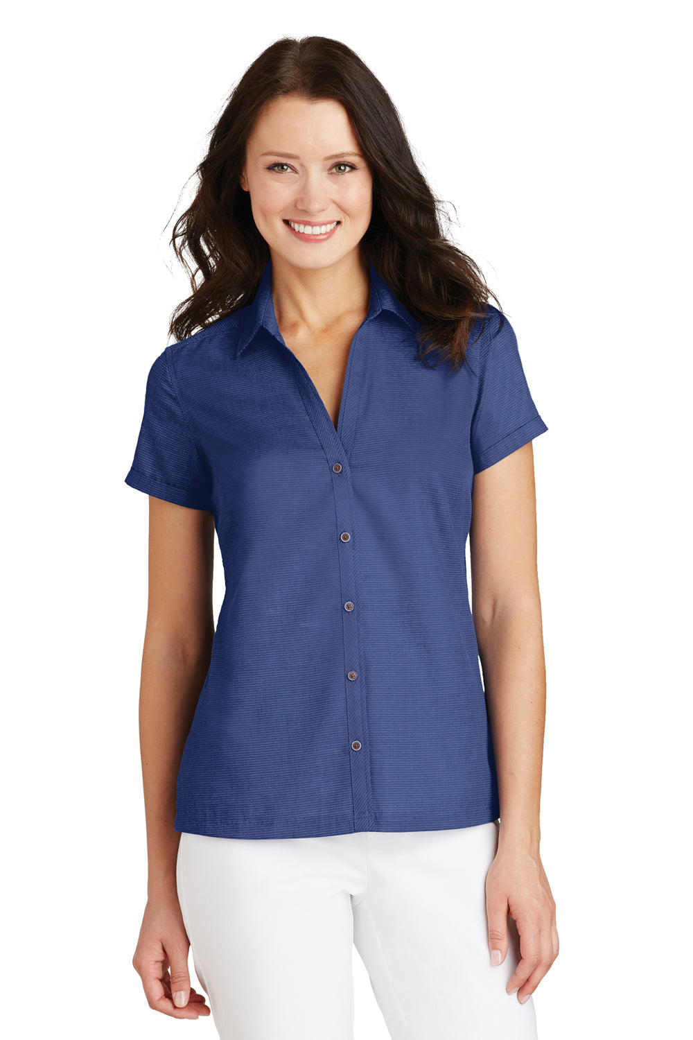 Port Authority L662 Womens Wrinkle Resistant Short Sleeve Button Down Camp Shirt Royal Blue Front