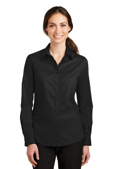 Port Authority L663 Womens SuperPro Wrinkle Resistant Long Sleeve Button Down Shirt Black Front