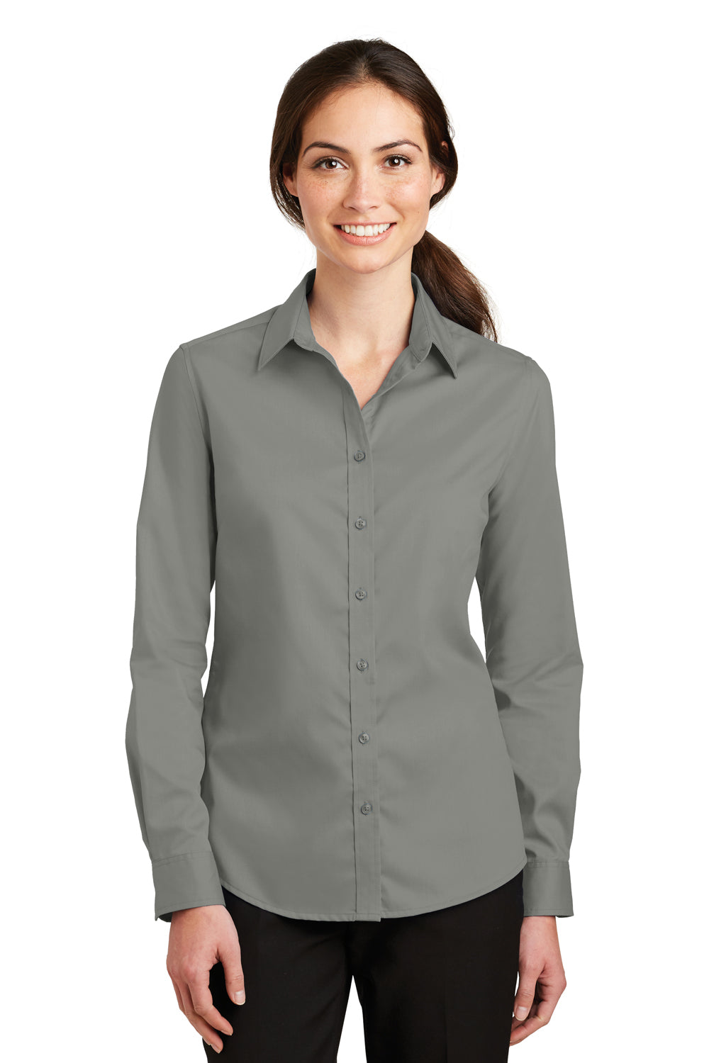 Port Authority L663 Womens SuperPro Wrinkle Resistant Long Sleeve Button Down Shirt Monument Grey Front