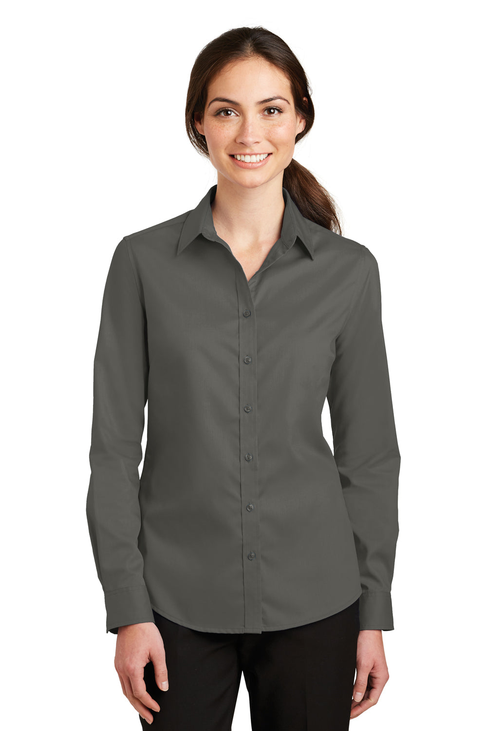 Port Authority L663 Womens SuperPro Wrinkle Resistant Long Sleeve Button Down Shirt Sterling Grey Front