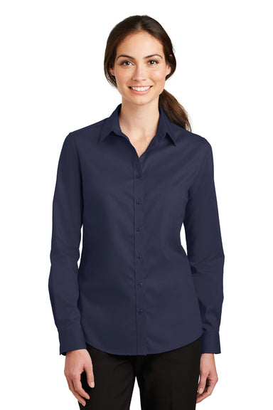 Port Authority L663 Womens SuperPro Wrinkle Resistant Long Sleeve Button Down Shirt Navy Blue Front