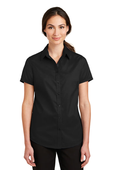 Port Authority L664 Womens SuperPro Wrinkle Resistant Short Sleeve Button Down Shirt Black Front