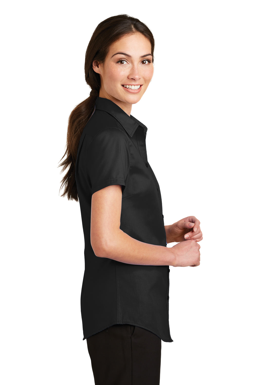 Port Authority L664 Womens SuperPro Wrinkle Resistant Short Sleeve Button Down Shirt Black Side