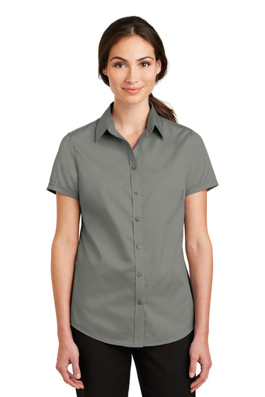 Port Authority L664 Womens SuperPro Wrinkle Resistant Short Sleeve Button Down Shirt Monument Grey Front