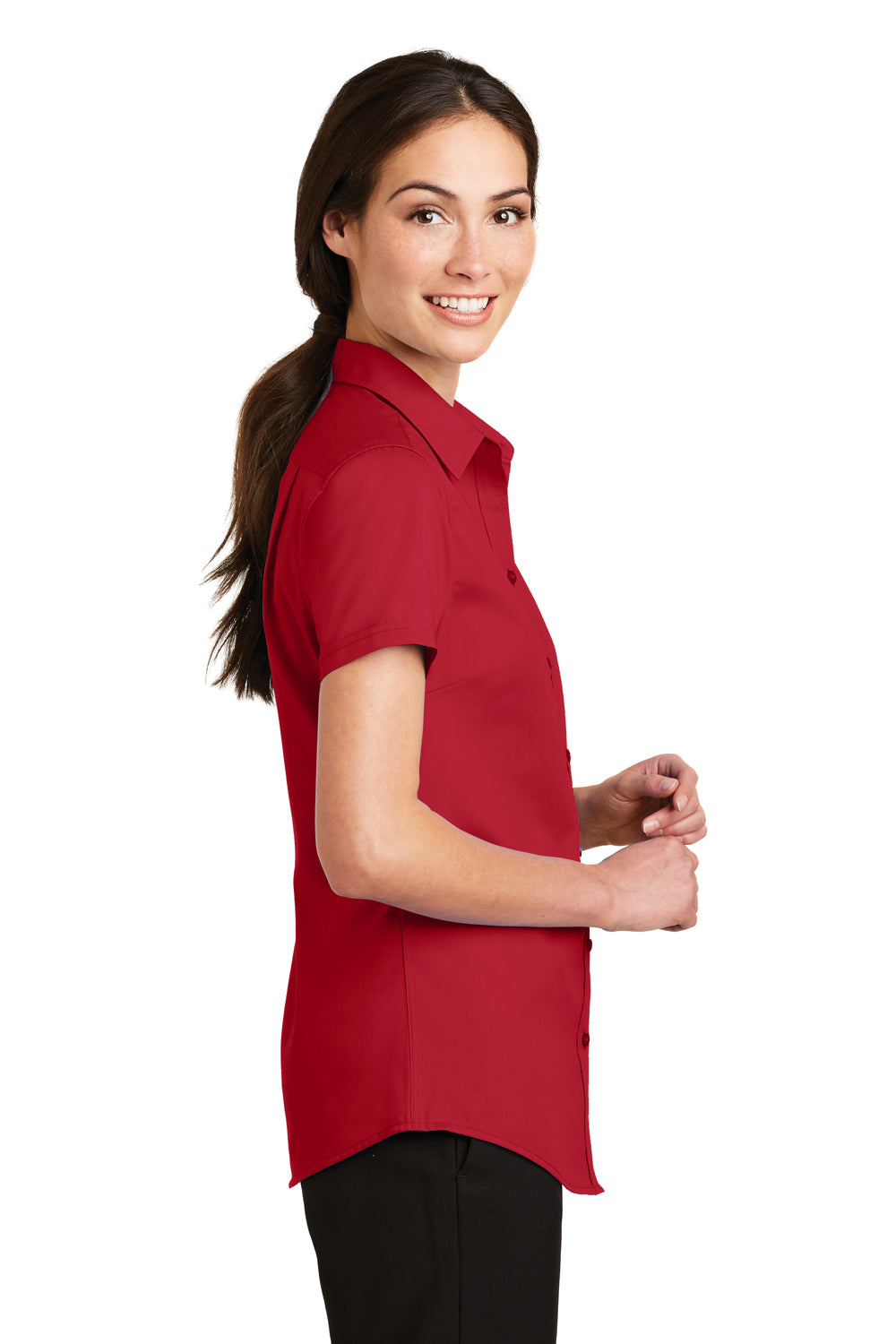 Port Authority L664 Womens SuperPro Wrinkle Resistant Short Sleeve Button Down Shirt Red Side