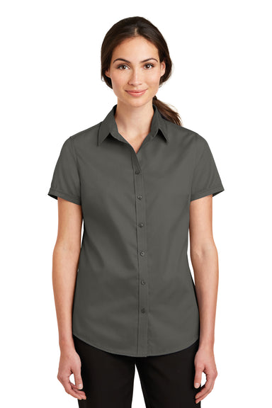 Port Authority L664 Womens SuperPro Wrinkle Resistant Short Sleeve Button Down Shirt Sterling Grey Front