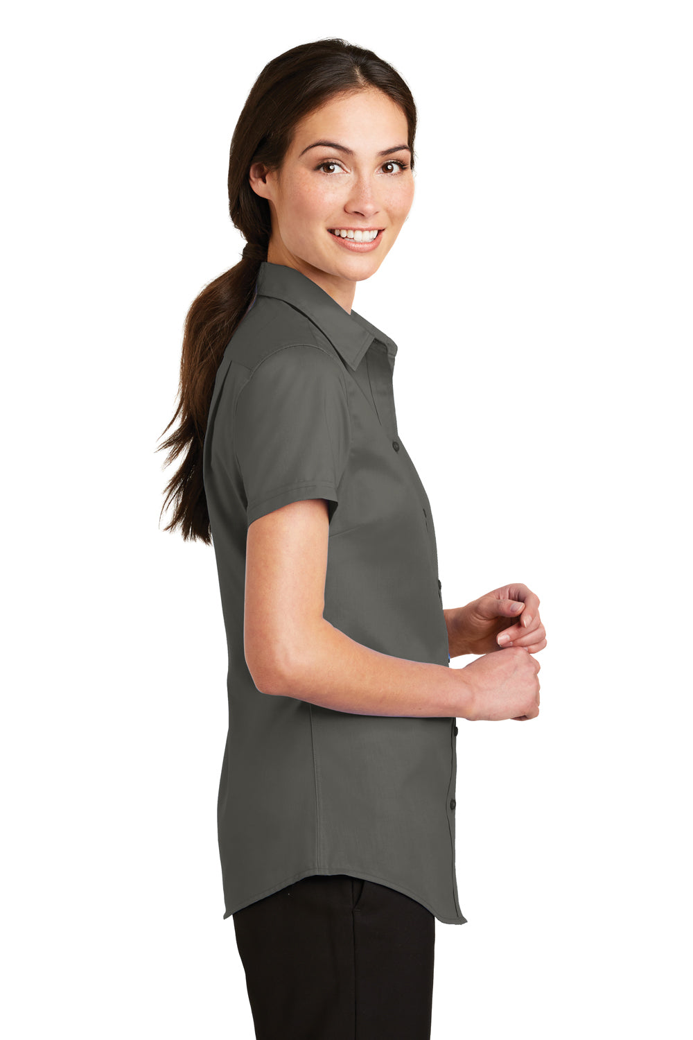 Port Authority L664 Womens SuperPro Wrinkle Resistant Short Sleeve Button Down Shirt Sterling Grey Side