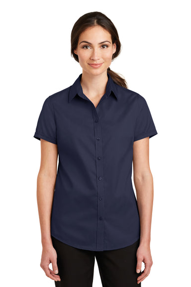 Port Authority L664 Womens SuperPro Wrinkle Resistant Short Sleeve Button Down Shirt Navy Blue Front