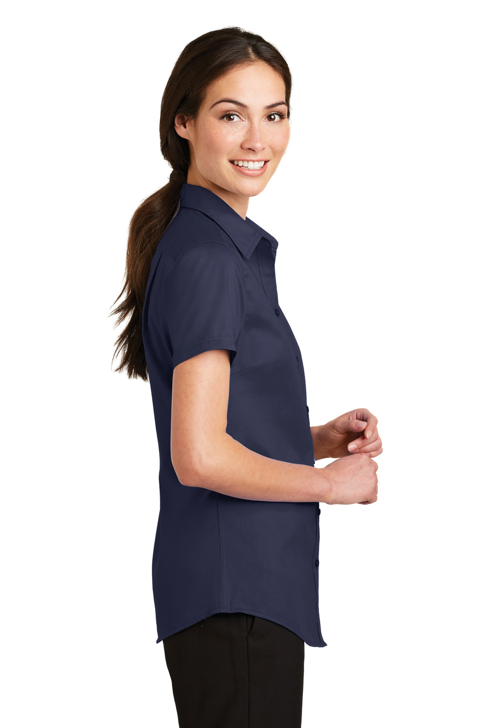 Port Authority L664 Womens SuperPro Wrinkle Resistant Short Sleeve Button Down Shirt Navy Blue Side