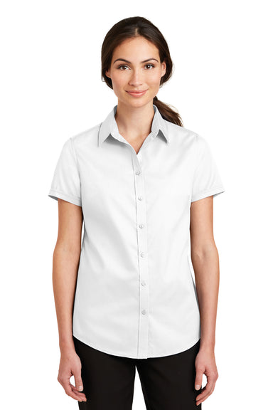Port Authority L664 Womens SuperPro Wrinkle Resistant Short Sleeve Button Down Shirt White Front