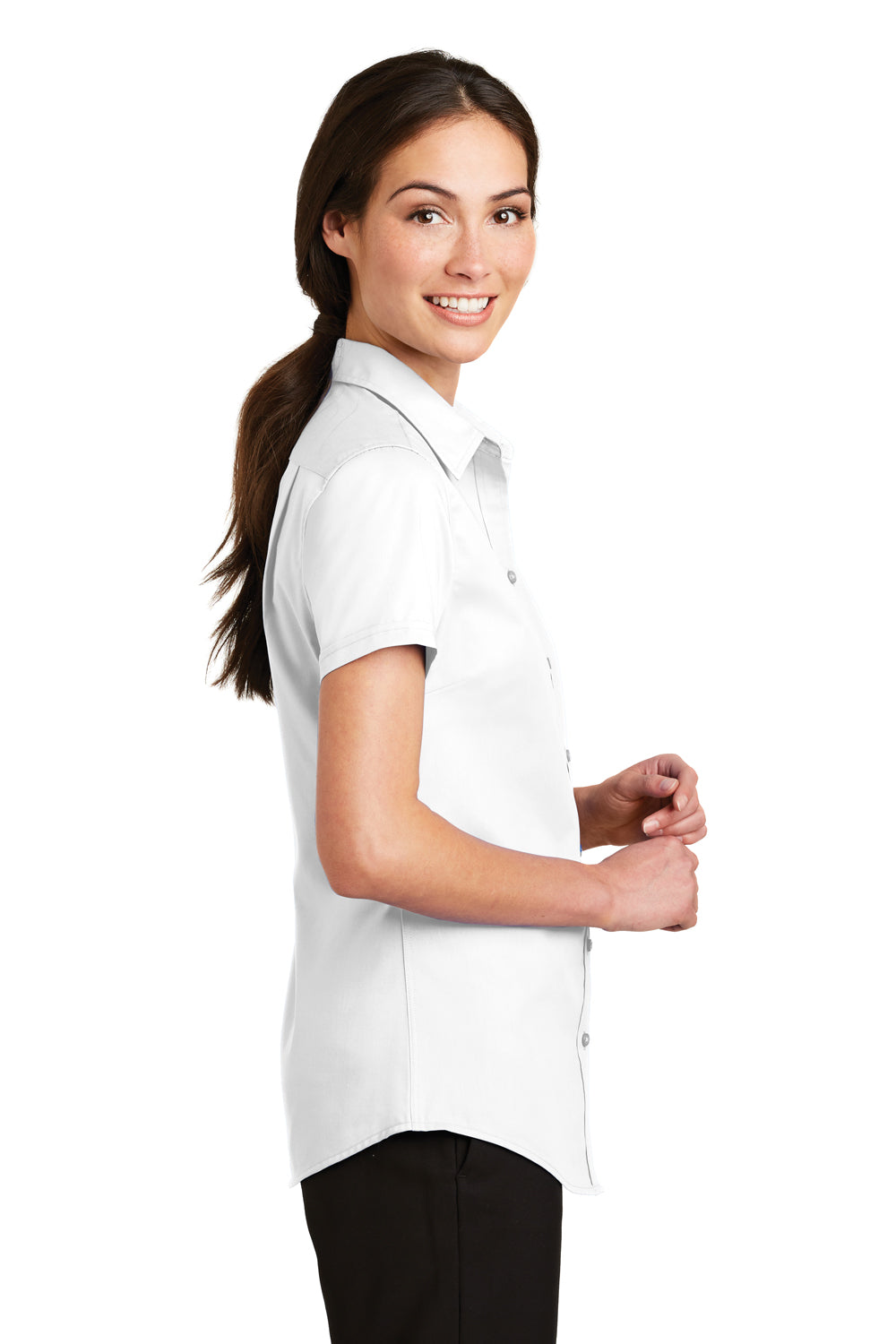 Port Authority L664 Womens SuperPro Wrinkle Resistant Short Sleeve Button Down Shirt White Side