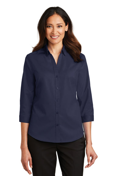 Port Authority L665 Womens SuperPro Wrinkle Resistant 3/4 Sleeve Button Down Shirt Navy Blue Front