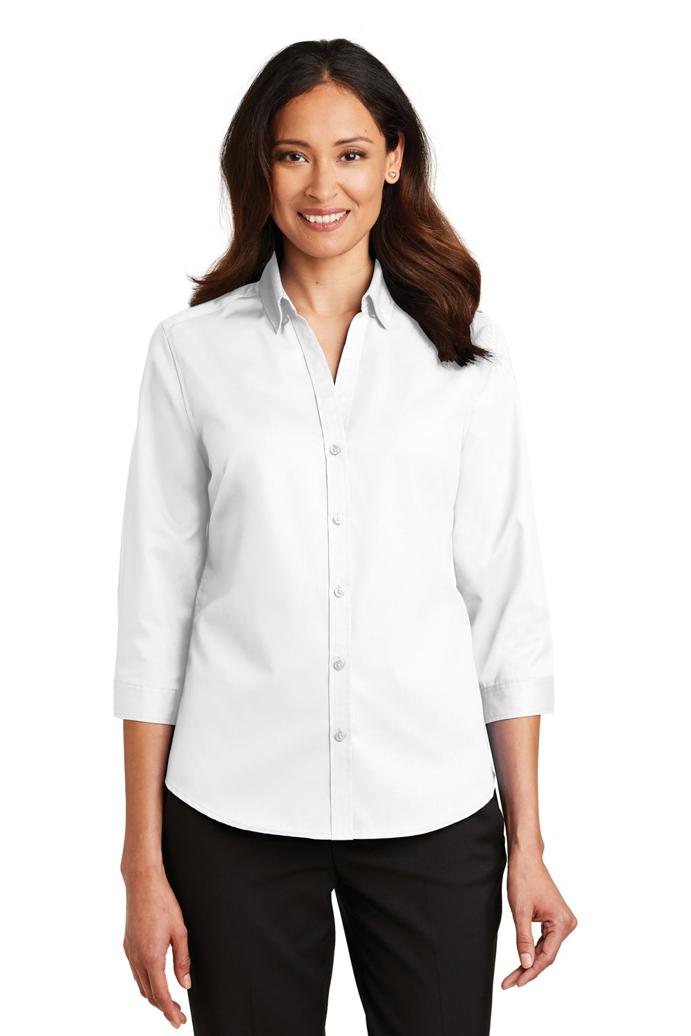 Port Authority L665 Womens SuperPro Wrinkle Resistant 3/4 Sleeve Button Down Shirt White Front
