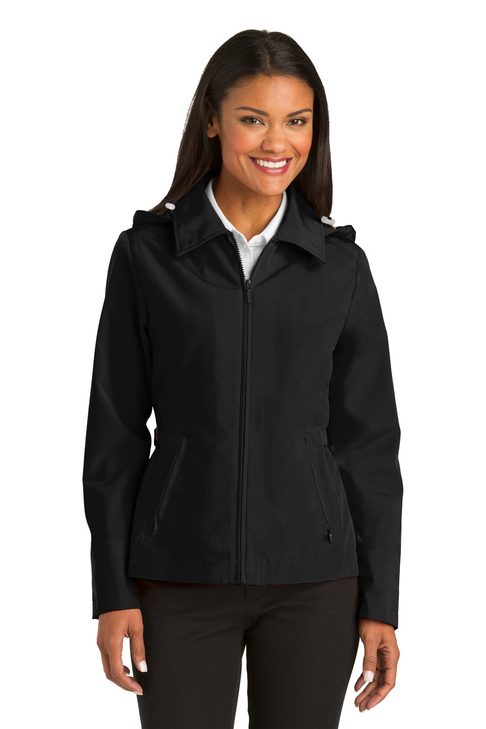 Port Authority L764 Womens Legacy Wind & Water Resistant Full Zip Hooded Jacket Black Front