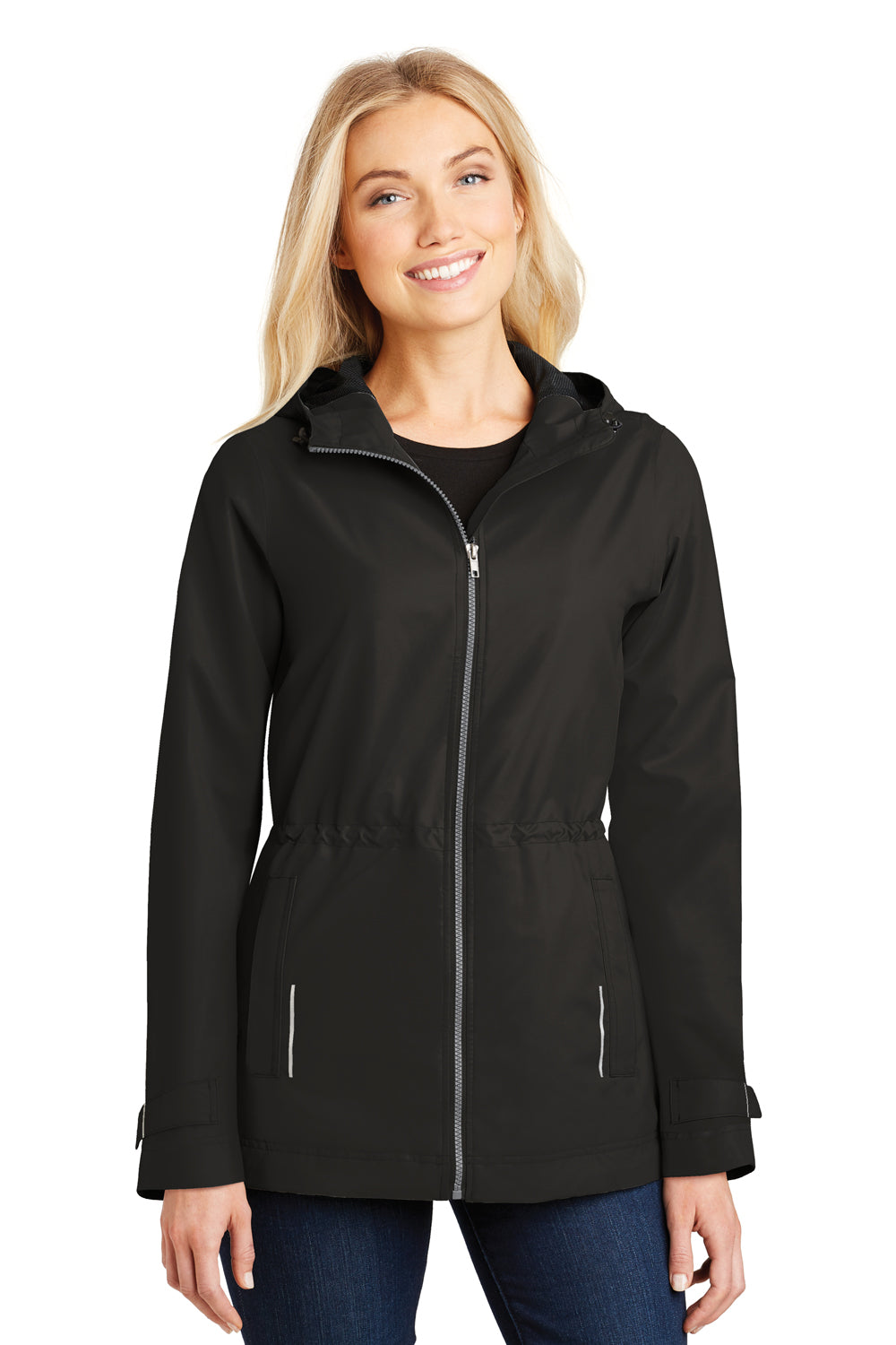 Port Authority L7710 Womens Northwest Slicker Waterproof Full Zip Hooded Jacket Black Front
