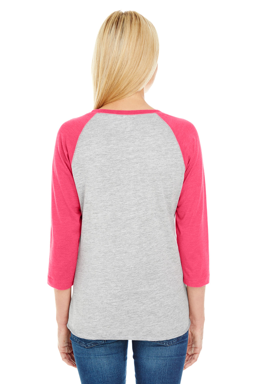 LAT LA3530 Womens Fine Jersey 3/4 Sleeve Crewneck T-Shirt Heather Grey/Pink Back