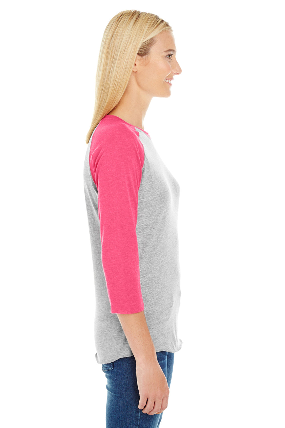 LAT LA3530 Womens Fine Jersey 3/4 Sleeve Crewneck T-Shirt Heather Grey/Pink Side
