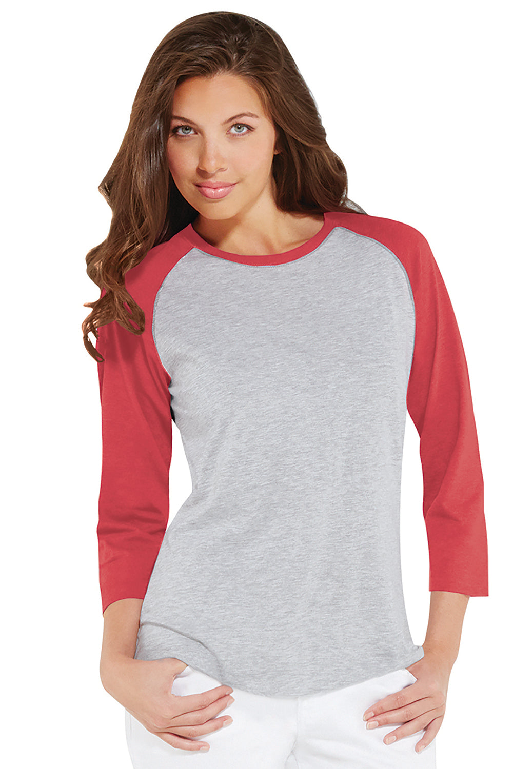 LAT LA3530 Womens Fine Jersey 3/4 Sleeve Crewneck T-Shirt Heather Grey/Red Front
