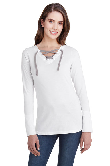 LAT LA3538 Womens Fine Jersey Lace Up Long Sleeve V-Neck T-Shirt White Front