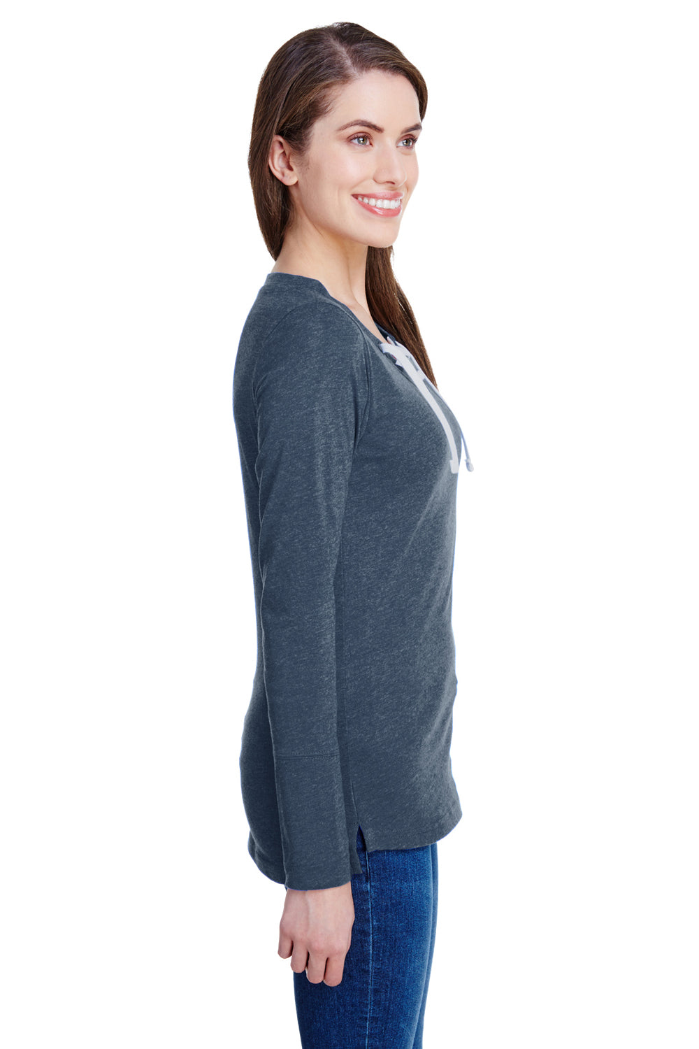 LAT LA3538 Womens Fine Jersey Lace Up Long Sleeve V-Neck T-Shirt Navy Blue Side