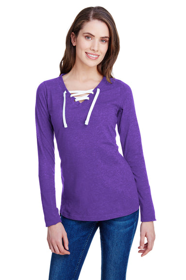 LAT LA3538 Womens Fine Jersey Lace Up Long Sleeve V-Neck T-Shirt Purple Front
