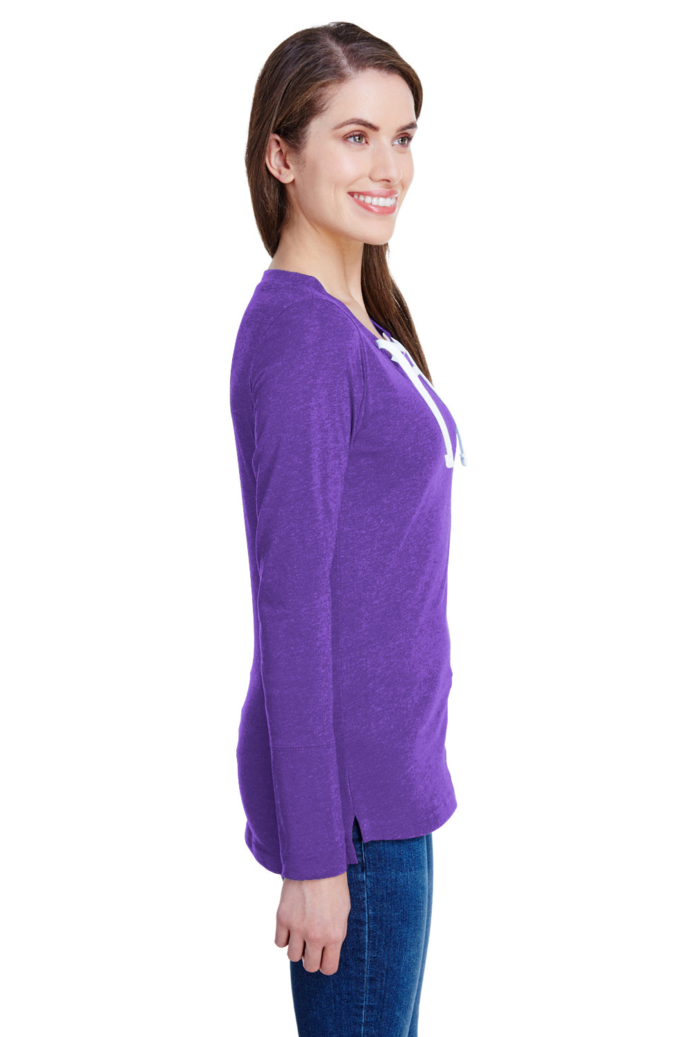 LAT LA3538 Womens Fine Jersey Lace Up Long Sleeve V-Neck T-Shirt Purple Side