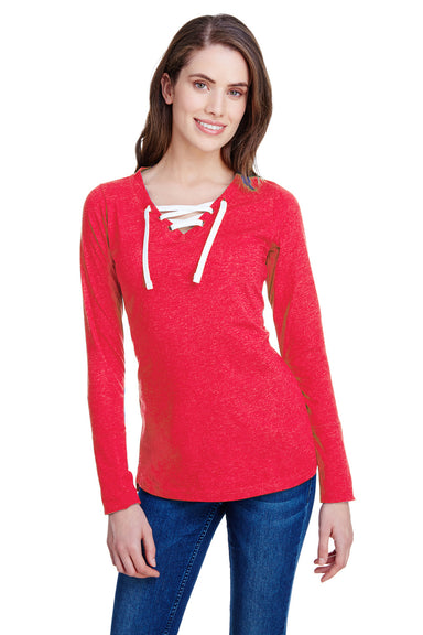 LAT LA3538 Womens Fine Jersey Lace Up Long Sleeve V-Neck T-Shirt Red Front