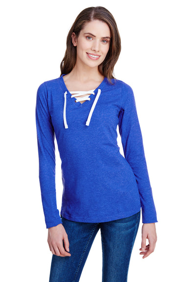 LAT LA3538 Womens Fine Jersey Lace Up Long Sleeve V-Neck T-Shirt Royal Blue Front