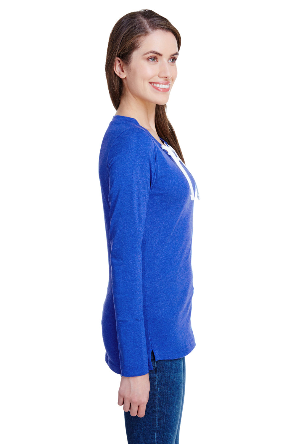 LAT LA3538 Womens Fine Jersey Lace Up Long Sleeve V-Neck T-Shirt Royal Blue Side