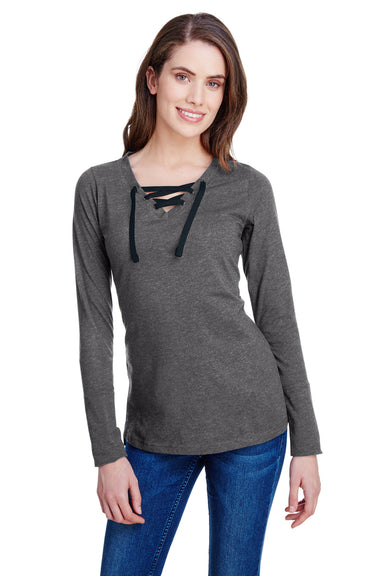 LAT LA3538 Womens Fine Jersey Lace Up Long Sleeve V-Neck T-Shirt Smoke Grey Front