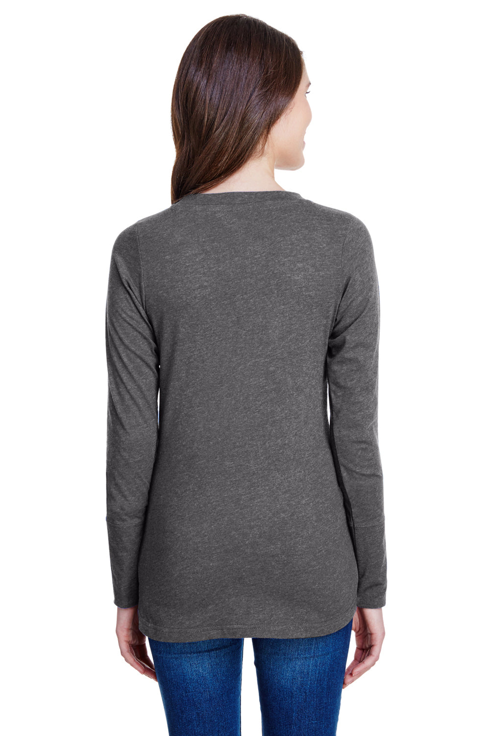 LAT LA3538 Womens Fine Jersey Lace Up Long Sleeve V-Neck T-Shirt Smoke Grey Back