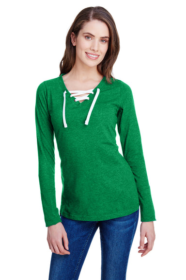 LAT LA3538 Womens Fine Jersey Lace Up Long Sleeve V-Neck T-Shirt Kelly Green Front