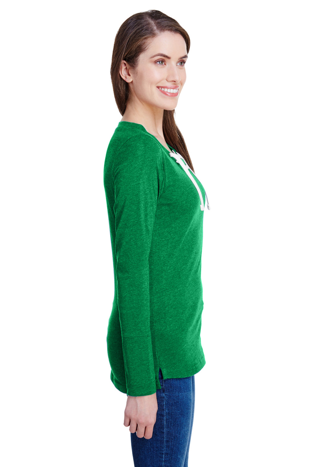 LAT LA3538 Womens Fine Jersey Lace Up Long Sleeve V-Neck T-Shirt Kelly Green Side