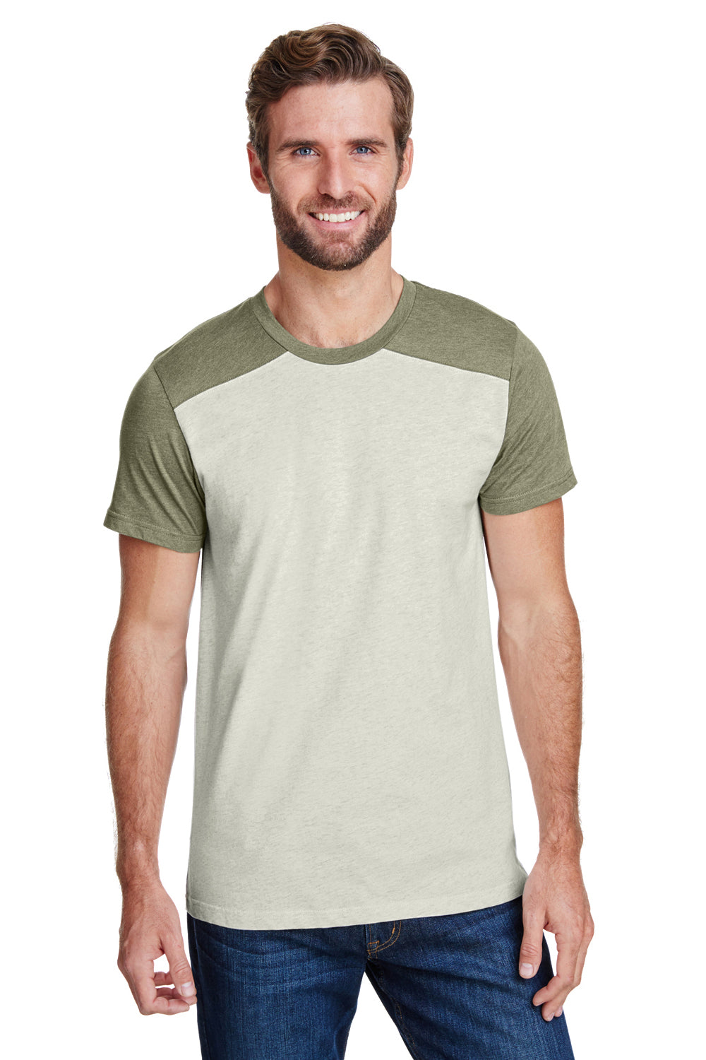 LAT LA6911 Mens Fine Jersey Forward Shoulder Short Sleeve Crewneck T-Shirt Heather Natural/Military Green Front