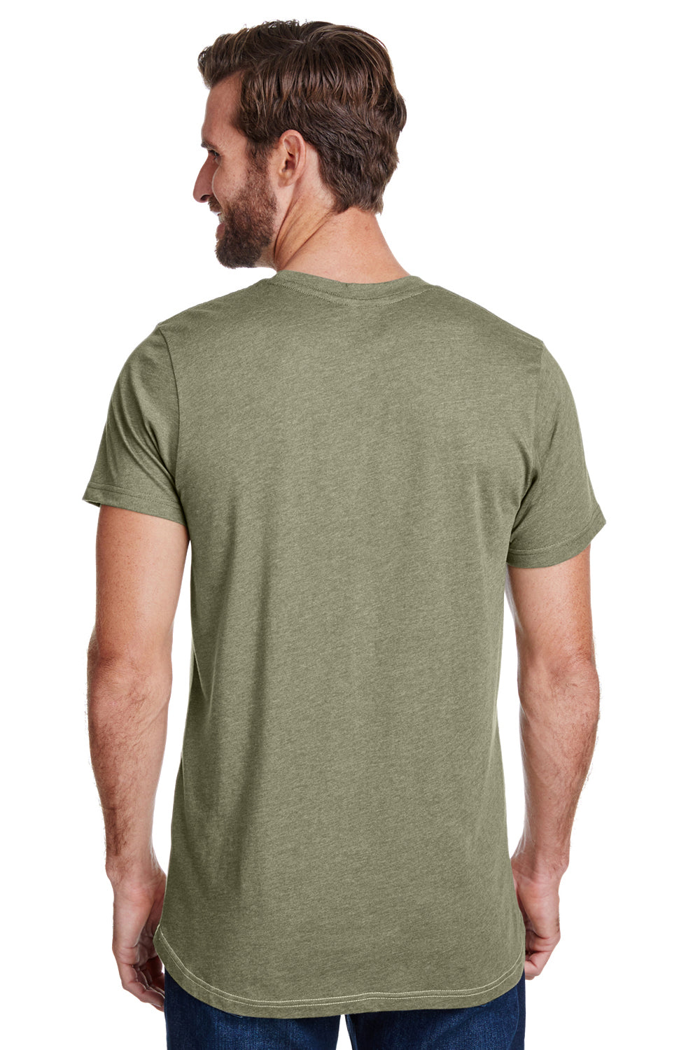 LAT LA6911 Mens Fine Jersey Forward Shoulder Short Sleeve Crewneck T-Shirt Heather Natural/Military Green Back