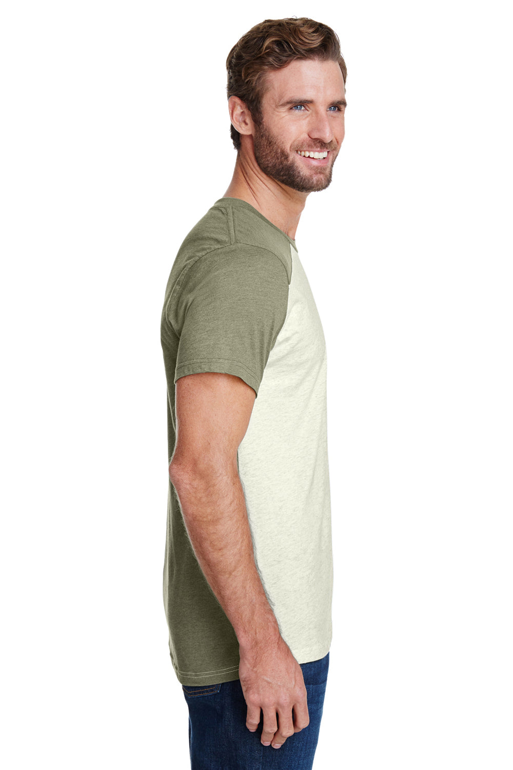 LAT LA6911 Mens Fine Jersey Forward Shoulder Short Sleeve Crewneck T-Shirt Heather Natural/Military Green Side