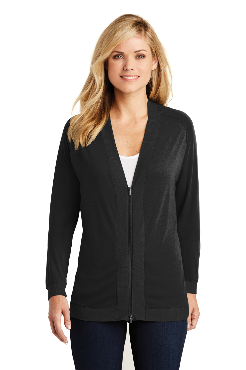 Port Authority LK5431 Womens Concept Bomber Long Sleeve Cardigan Sweater Black Front