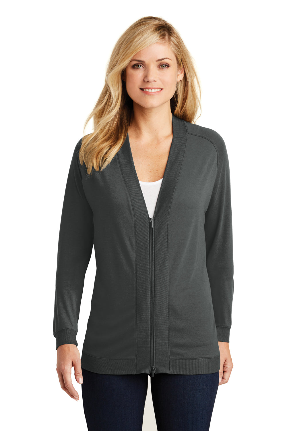 Port Authority LK5431 Womens Concept Bomber Long Sleeve Cardigan Sweater Smoke Grey Front
