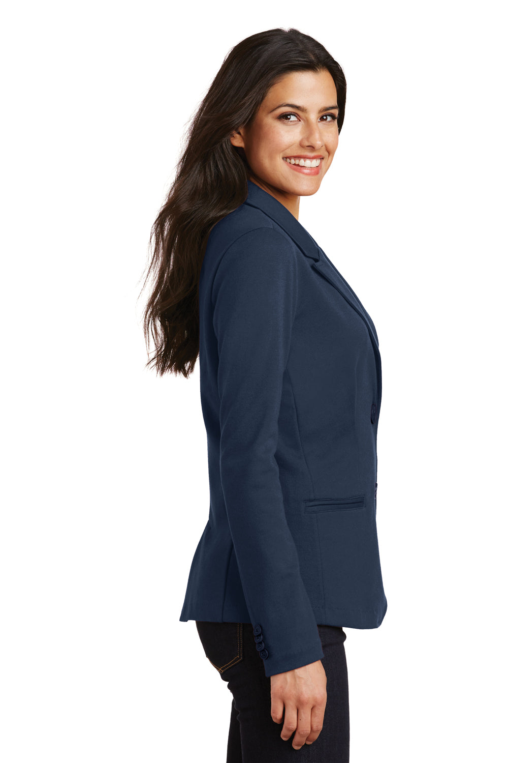 Port Authority LM2000 Womens Knit Button Down Blazer Navy Blue Side