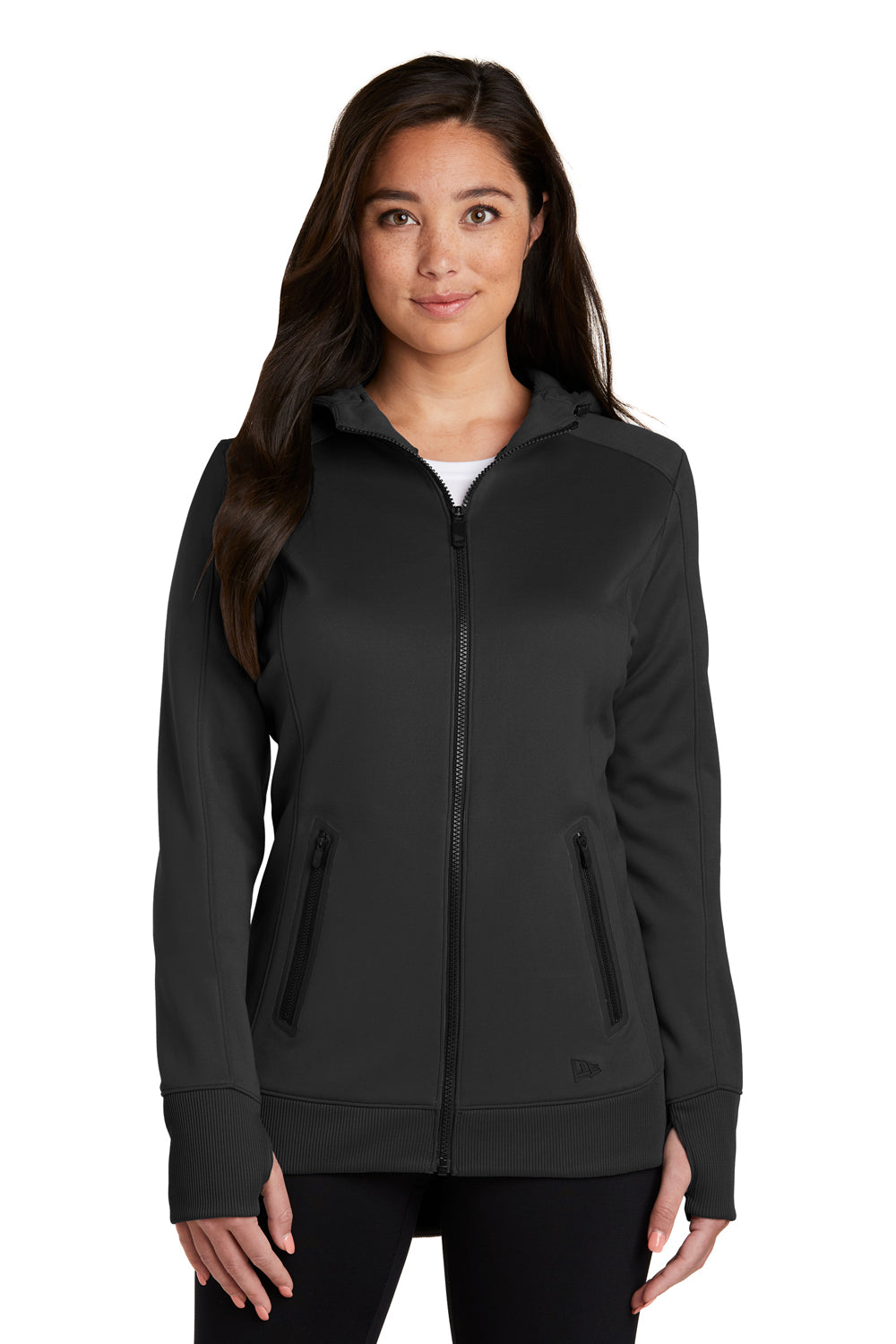 New Era LNEA522 Womens Venue Moisture Wicking Fleece Full Zip Hooded Sweatshirt Hoodie Black Front