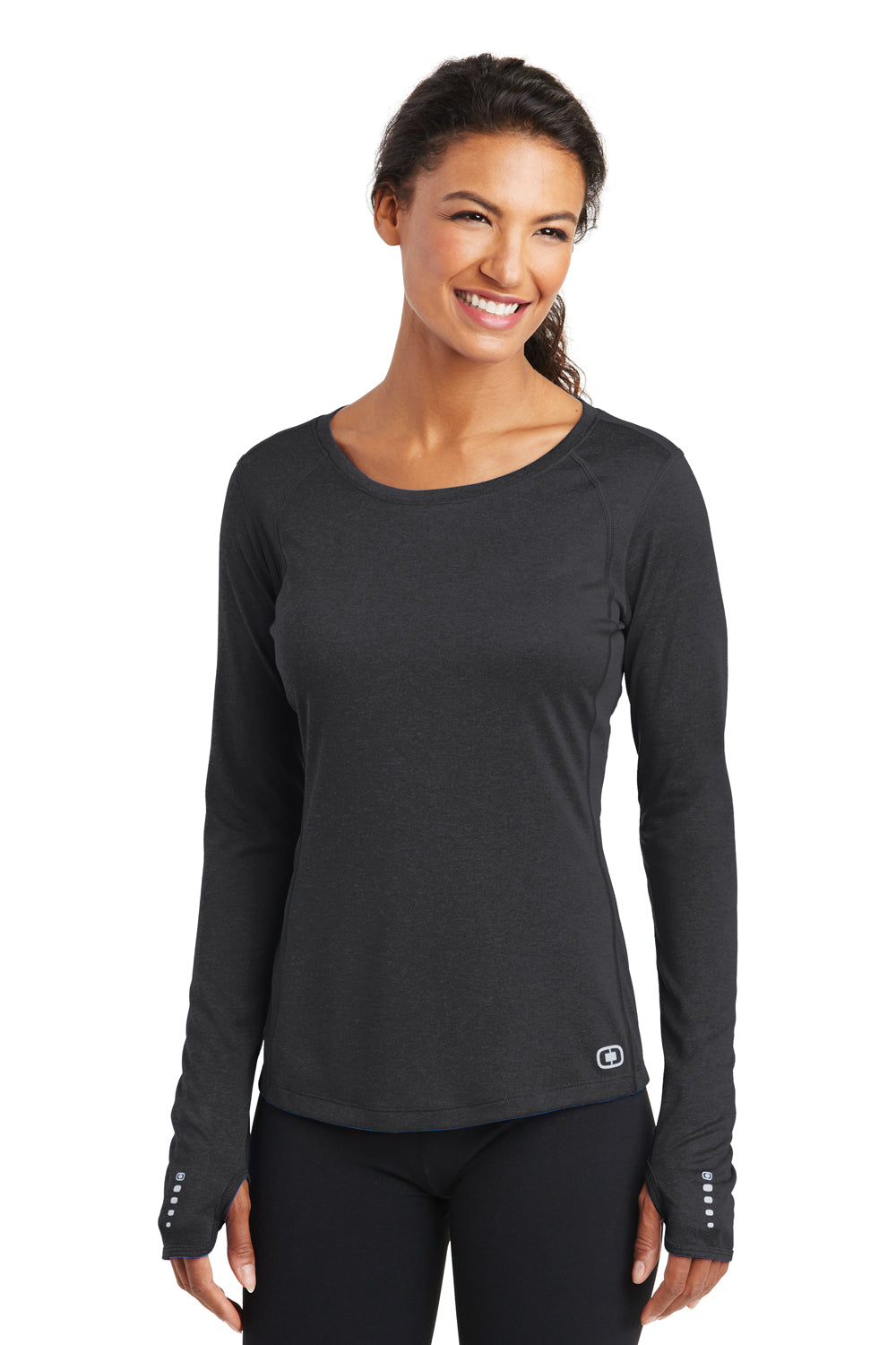Ogio LOE321 Womens Endurance Pulse Jersey Moisture Wicking Long Sleeve Crewneck T-Shirt Black Front