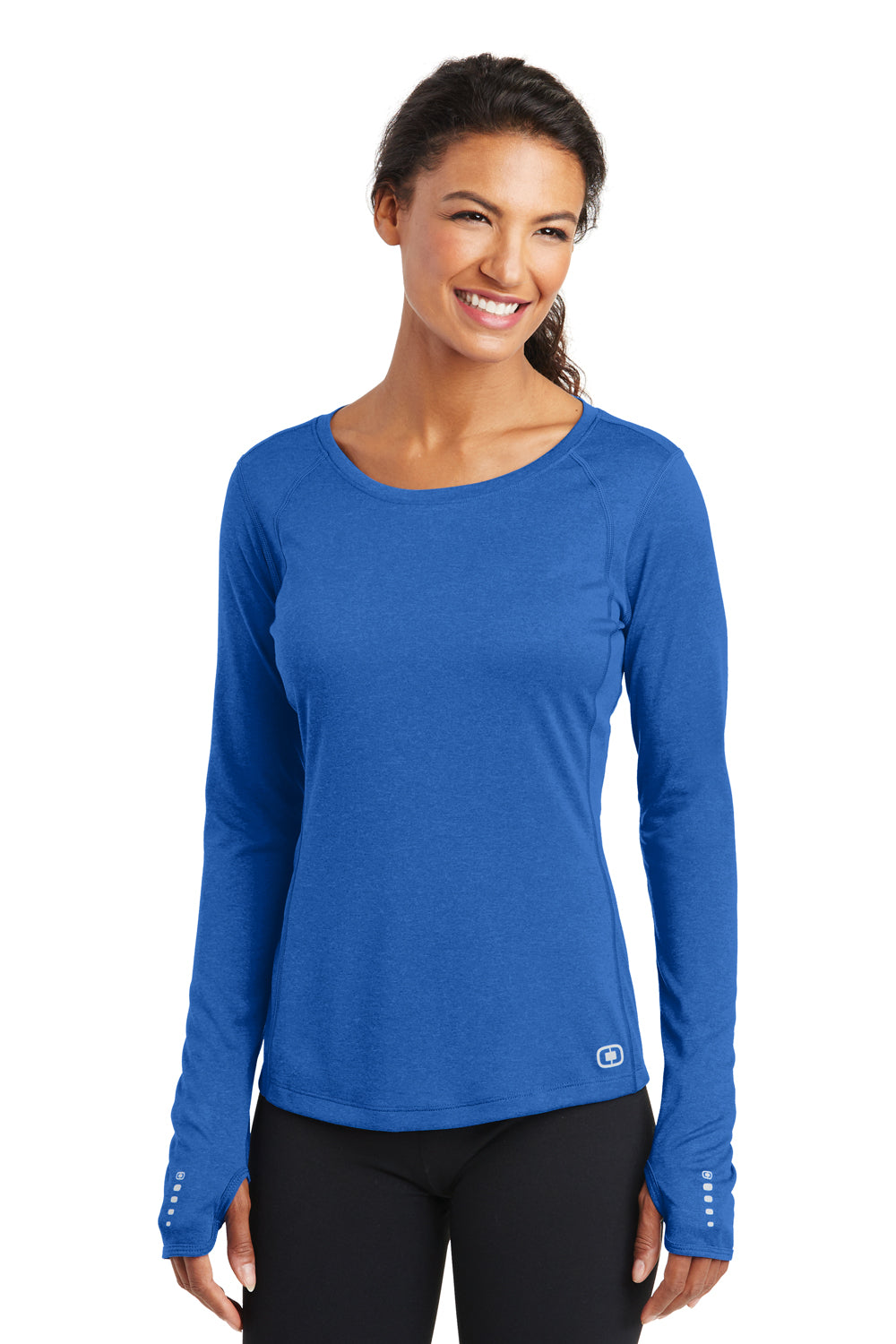 Ogio LOE321 Womens Endurance Pulse Jersey Moisture Wicking Long Sleeve Crewneck T-Shirt Electric Blue Front