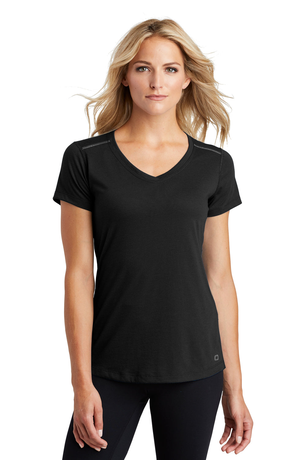 Ogio LOE337 Womens Endurance Peak Jersey Moisture Wicking Short Sleeve V-Neck T-Shirt Black Front