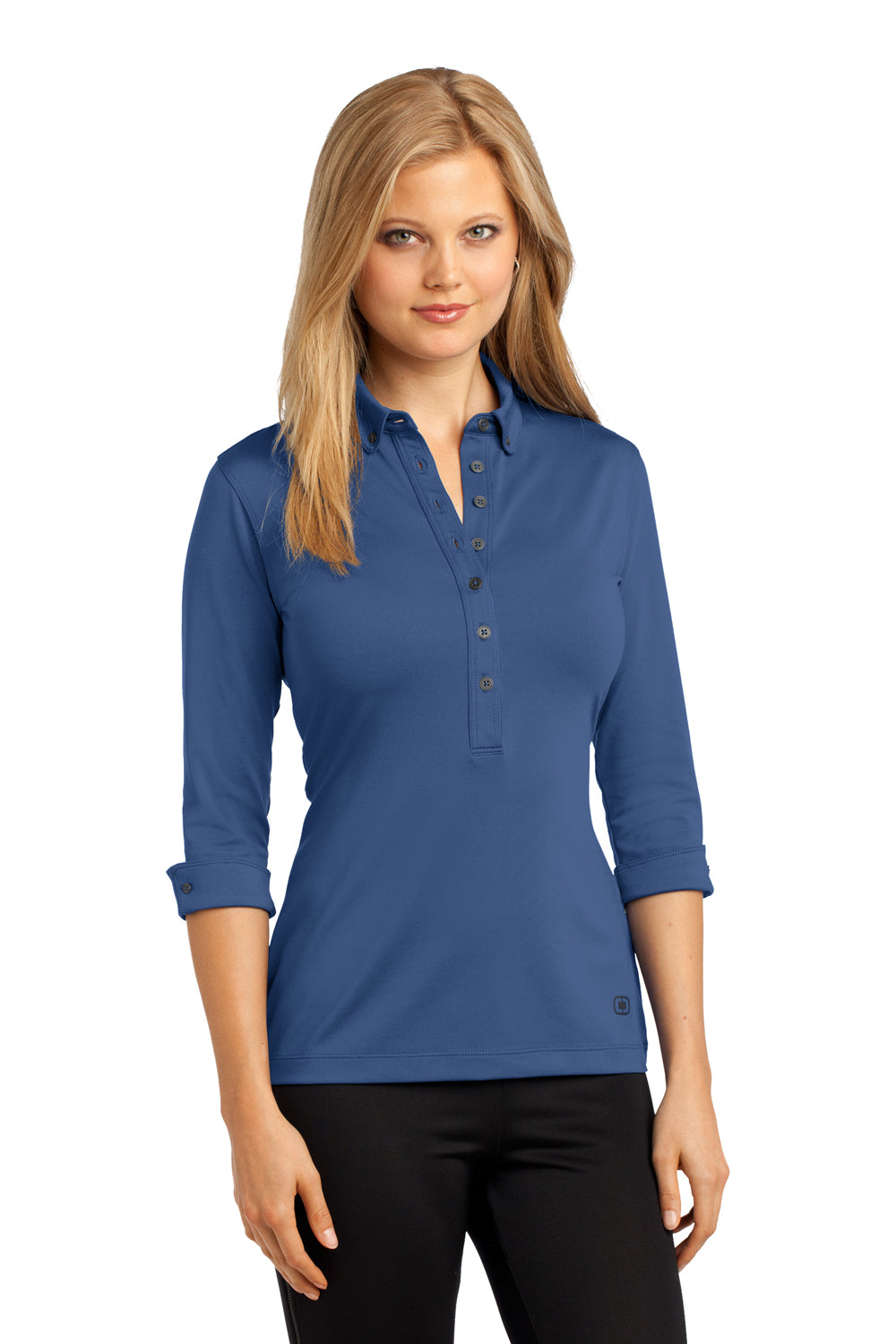 Ogio LOG122 Womens Gauge Moisture Wicking 3/4 Sleeve Polo Shirt Indigo Blue Front