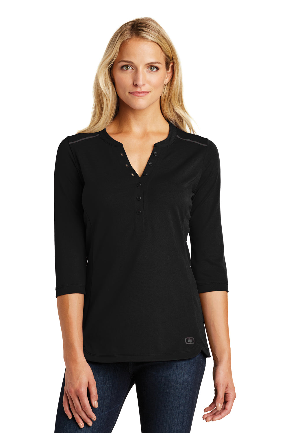 Ogio LOG132 Womens Fuse 3/4 Sleeve Henley T-Shirt Black Front