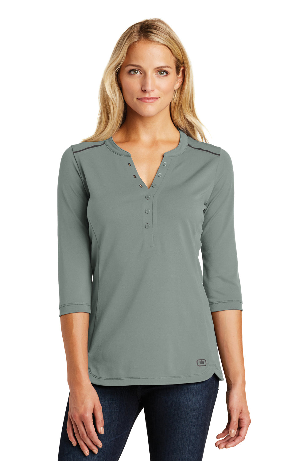 Ogio LOG132 Womens Fuse 3/4 Sleeve Henley T-Shirt Grey Front