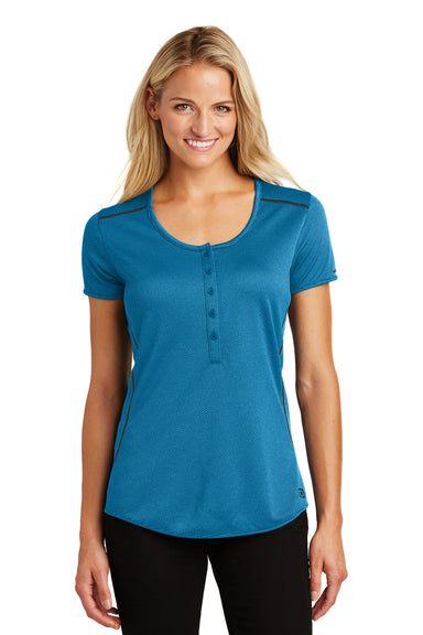 Ogio LOG134 Womens Orbit Moisture Wicking Short Sleeve Henley T-Shirt Blue/Black Front