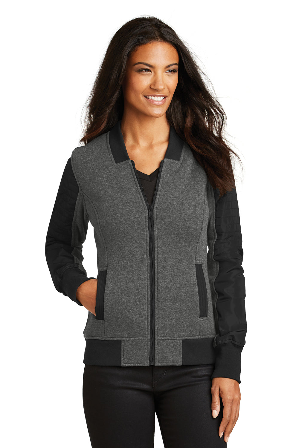 Ogio LOG506 Womens Crossbar Water Resistant Fleece Full Zip Jacket Heather Grey/Black Front