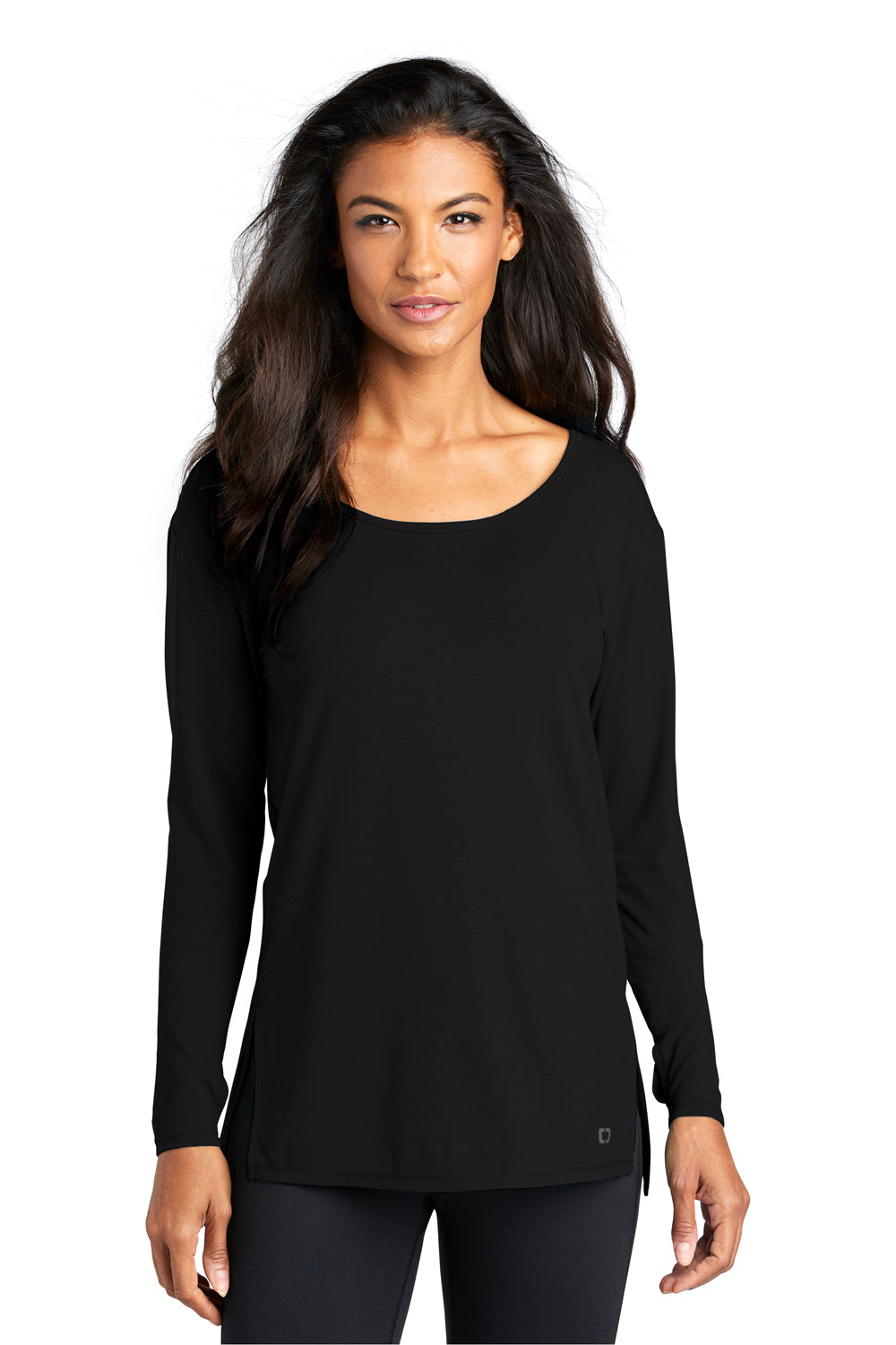 Ogio LOG802 Womens Luuma Jersey Moisture Wicking Long Sleeve Wide Neck T-Shirt Black Front